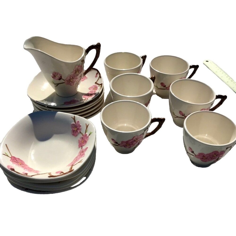 Vtg 60s Metlox China Calif Poppy Trail Peach Blossom MCM Tea Cup Desert Set 19pc